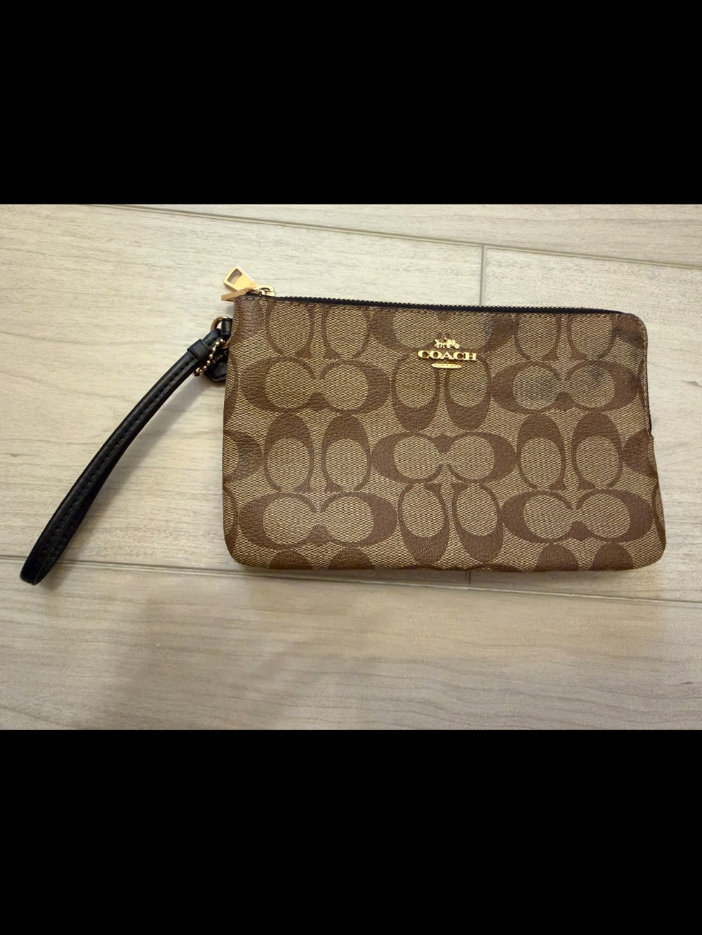 Coach Brown Signature Canvas Wristlet with Black Strap
